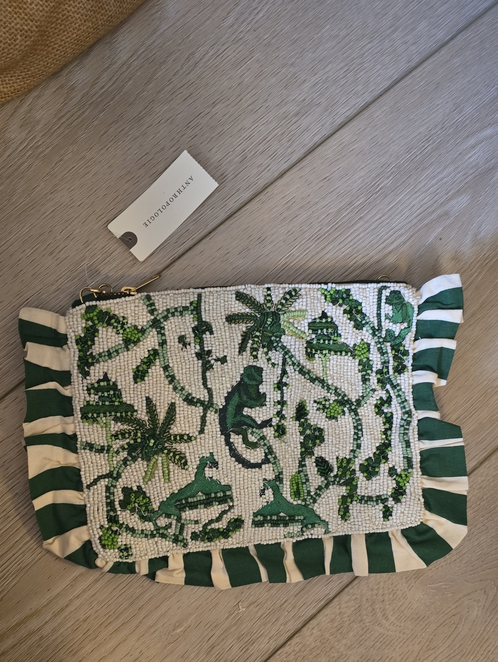 Anthropologie Green Beaded Jungle Zip Clutch with Striped Trim And Gold Chain